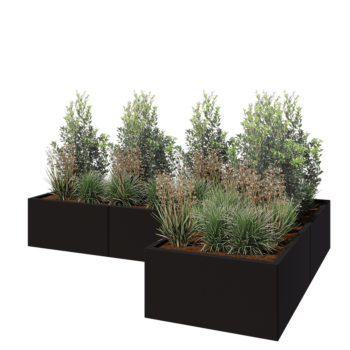 Jardinera de acero - Forma de L - 240 x 160 x 40 cm - RAL9005 mate (negro) - Con placa inferior