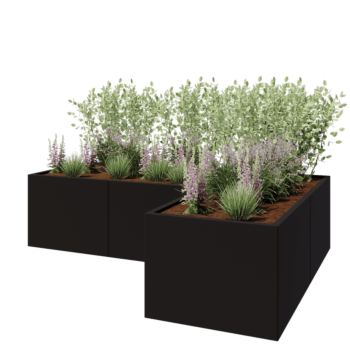 Jardinera de acero - Forma de L - 240 x 160 x 60 cm - RAL9005 mate (negro) - Sin placa inferior