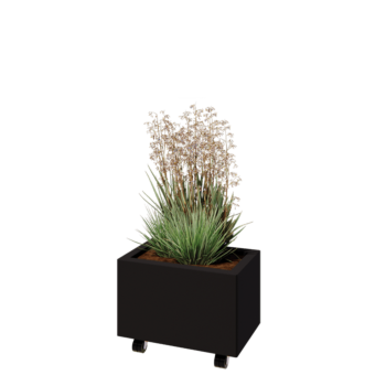 Jardinera de acero - Rectángulo - 50 x 30 x 30 cm - RAL9005 mate (negro) - Con placa inferior - Con ruedas