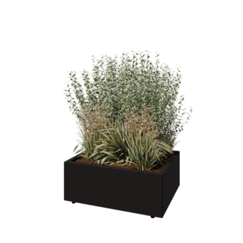 Jardinera de acero - Rectángulo - 80 x 60 x 30 cm - RAL9005 mate (negro) - Con placa inferior - Con patas