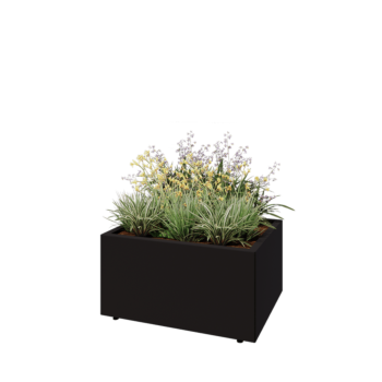 Jardinera de acero - Rectángulo - 80 x 60 x 40 cm - RAL9005 mate (negro) - Con placa inferior - Con patas