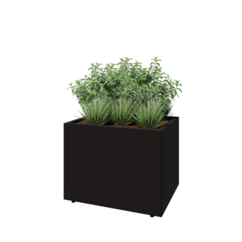 Jardinera de acero - Rectángulo - 80 x 60 x 60 cm - RAL9005 mate (negro) - Con placa inferior - Con patas