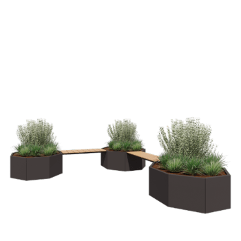 Jardinera de acero - Octágono - Configuración en esquina - 362,6 x 362,6 x 50 cm - RAL7016 mate (gris antracita) - Con banco - Sin placa inferior