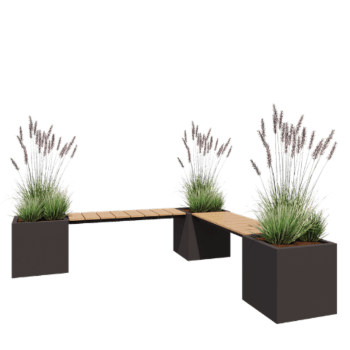 Jardinera de acero - Cuadrado - Configuración en esquina - 221,2 x 221,2 x 50 cm - RAL7016 mate (gris antracita) - Con placa inferior - Con banco
