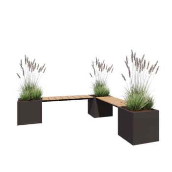 Jardinera de acero - Cuadrado - Configuración en esquina - 221,2 x 221,2 x 50 cm - RAL7016 mate (gris antracita) - Con placa inferior - Con banco