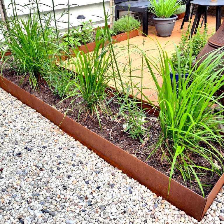 Bordura de acero corten con borde doblado 23 cm (longitud: 240 cm)