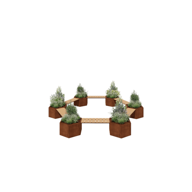Jardinera de acero corten - Configuración tipo fogata - 502,2 x 459,2 x 50 cm - Con banco - Sin placa inferior