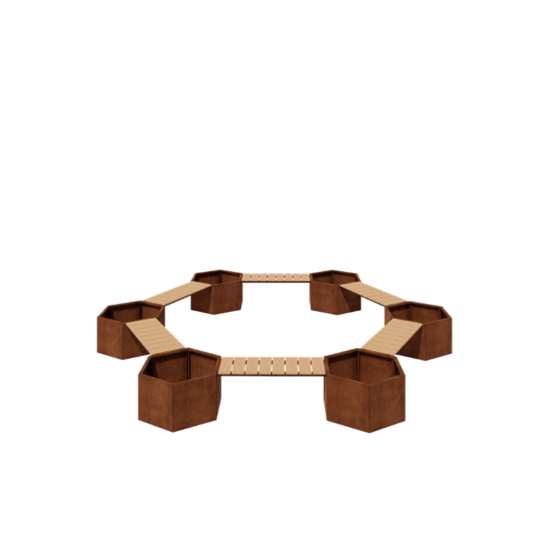 Jardinera de acero corten - Configuración tipo fogata - 502,2 x 459,2 x 50 cm - Con banco - Sin placa inferior