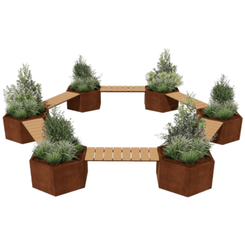 Jardinera de acero corten con asiento Vegas fogata diseño