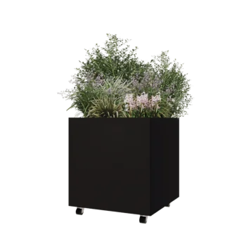 Jardinera de acero - Cuadrado - 70 x 70 x 70 cm - RAL9005 mate (negro) - Con placa inferior - Con ruedas