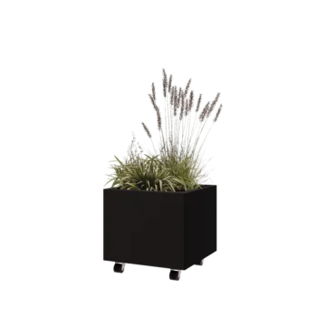 Jardinera de acero - Cuadrado - 50 x 50 x 40 cm - RAL9005 mate (negro) - Con placa inferior - Con ruedas