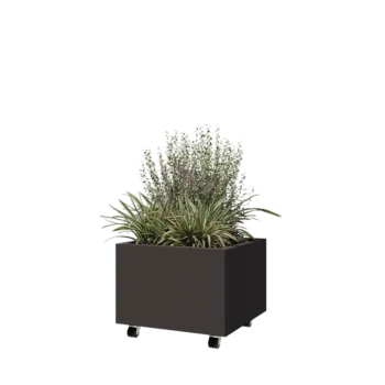 Jardinera de acero - Cuadrado - 60 x 60 x 40 cm - RAL7016 mate (gris antracita) - Con placa inferior - Con ruedas