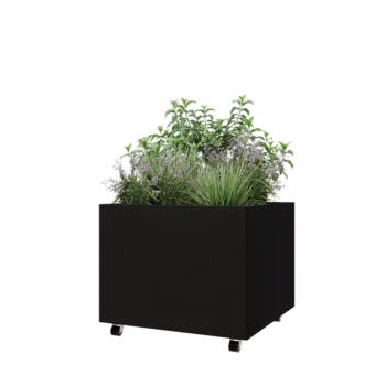 Jardinera de acero - Cuadrado - 80 x 80 x 60 cm - RAL9005 mate (negro) - Con placa inferior - Con ruedas