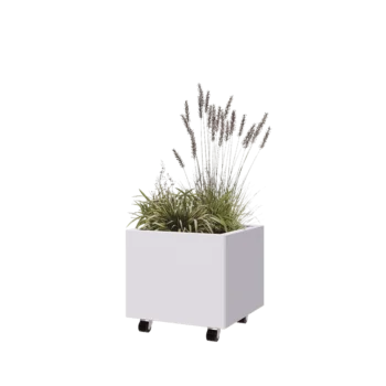 Jardinera de acero - Cuadrado - 50 x 50 x 40 cm - RAL9010 mate (blanco) - Con placa inferior - Con ruedas