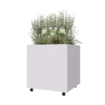 Jardinera de acero - Cuadrado - 80 x 80 x 80 cm - RAL9010 mate (blanco) - Con placa inferior - Con ruedas