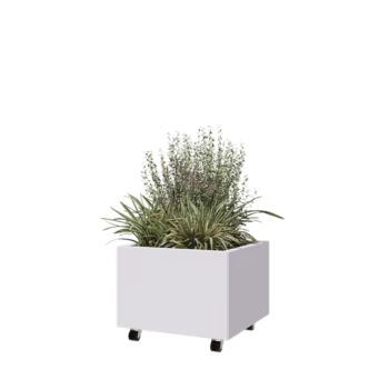 Jardinera de acero - Cuadrado - 60 x 60 x 40 cm - RAL9010 mate (blanco) - Con placa inferior - Con ruedas