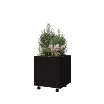 Jardinera de acero - Cuadrado - 50 x 50 x 50 cm - RAL9005 mate (negro) - Con placa inferior - Con ruedas