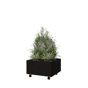 Jardinera de acero - Cuadrado - 60 x 60 x 30 cm - RAL9005 mate (negro) - Con placa inferior - Con ruedas