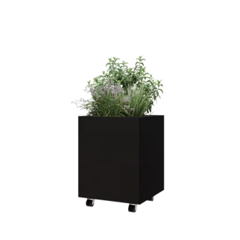 Jardinera de acero - Cuadrado - 50 x 50 x 60 cm - RAL9005 mate (negro) - Con placa inferior - Con ruedas