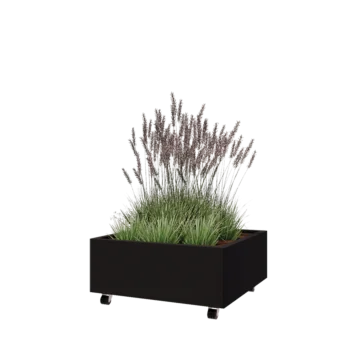 Jardinera de acero - Cuadrado - 80 x 80 x 30 cm - RAL9005 mate (negro) - Con placa inferior - Con ruedas