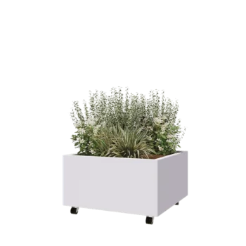 Jardinera de acero - Cuadrado - 80 x 80 x 40 cm - RAL9010 mate (blanco) - Con placa inferior - Con ruedas