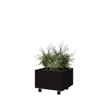 Jardinera de acero - Cuadrado - 50 x 50 x 30 cm - RAL9005 mate (negro) - Con placa inferior - Con ruedas