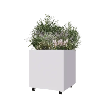 Jardinera de acero - Cuadrado - 70 x 70 x 70 cm - RAL9010 mate (blanco) - Con placa inferior - Con ruedas