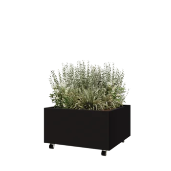 Jardinera de acero - Cuadrado - 80 x 80 x 40 cm - RAL9005 mate (negro) - Con placa inferior - Con ruedas