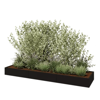 Jardinera XXL de acero - Rectángulo - 360 x 80 x 30 cm - RAL9005 mate (negro) - Con placa inferior