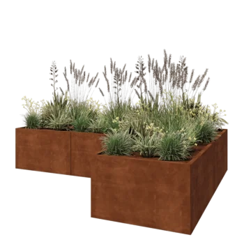 Jardinera de acero corten - Forma de L - 300 x 200 x 60 cm - Con placa inferior
