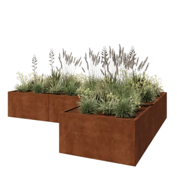 Jardinera de acero corten - Forma de L - 360 x 240 x 60 cm - Con placa inferior