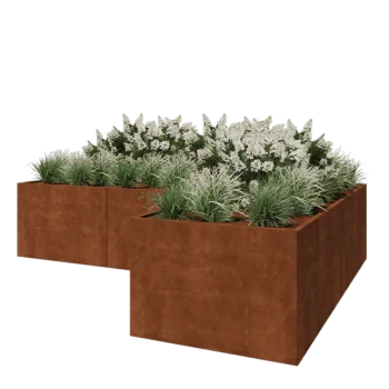 Jardinera de acero corten - Forma de L - 360 x 240 x 80 cm - Con placa inferior