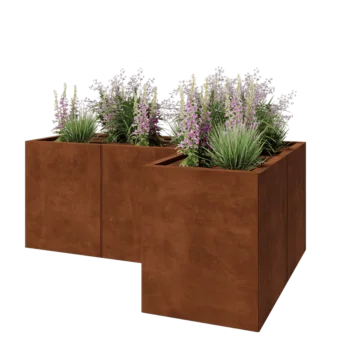 Jardinera de acero corten - Forma de L - 150 x 100 x 60 cm - Con placa inferior
