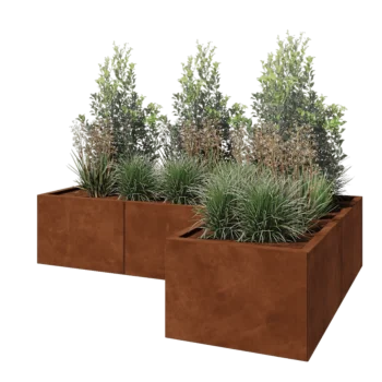 Jardinera de acero corten - Forma de L - 180 x 120 x 40 cm - Con placa inferior