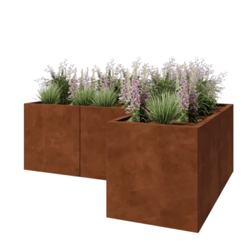 Jardinera de acero corten - Forma de L - 180 x 120 x 60 cm - Con placa inferior