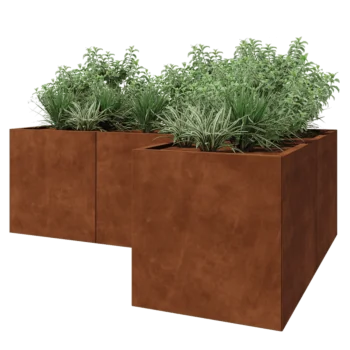 Jardinera de acero corten - Forma de L - 210 x 140 x 70 cm - Con placa inferior