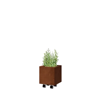 Jardinera de acero corten - Cuadrado - 30 x 30 x 30 cm - Con placa inferior - Con ruedas