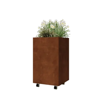 Jardinera de acero corten - Cuadrado - 50 x 50 x 80 cm - Con placa inferior - Con ruedas