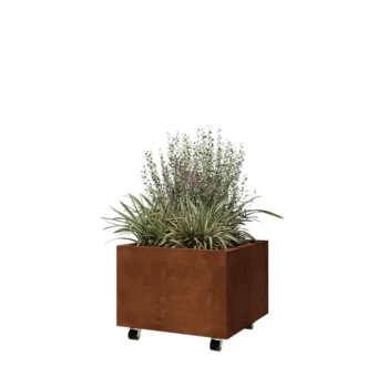 Jardinera de acero corten - Cuadrado - 60 x 60 x 40 cm - Con placa inferior - Con ruedas