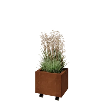 Jardinera de acero corten - Rectángulo - 40 x 30 x 30 cm - Con placa inferior - Con ruedas