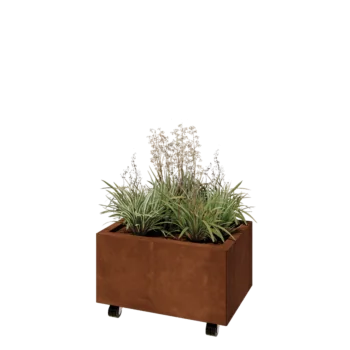 Jardinera de acero corten - Rectángulo - 60 x 40 x 30 cm - Con placa inferior - Con ruedas