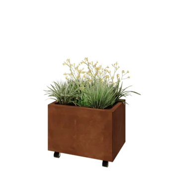 Jardinera de acero corten - Rectángulo - 60 x 40 x 40 cm - Con placa inferior - Con ruedas