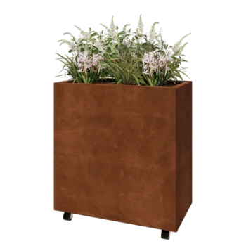 Jardinera de acero corten - Rectángulo - 80 x 40 x 80 cm - Con placa inferior - Con ruedas