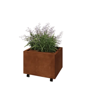 Jardinera de acero corten - Rectángulo - 60 x 50 x 40 cm - Con placa inferior - Con ruedas