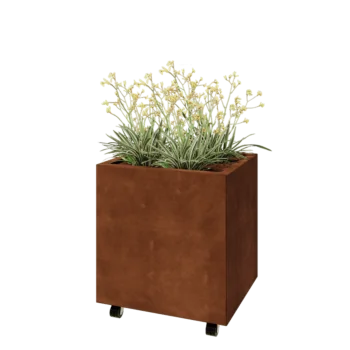 Jardinera de acero corten - Rectángulo - 60 x 50 x 60 cm - Con placa inferior - Con ruedas
