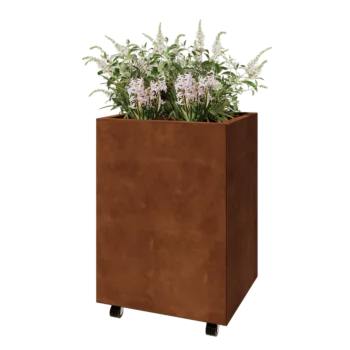 Jardinera de acero corten - Rectángulo - 60 x 50 x 80 cm - Con placa inferior - Con ruedas
