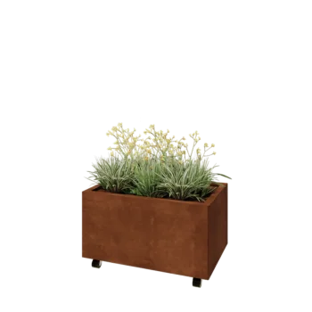 Jardinera de acero corten - Rectángulo - 80 x 50 x 40 cm - Con placa inferior - Con ruedas