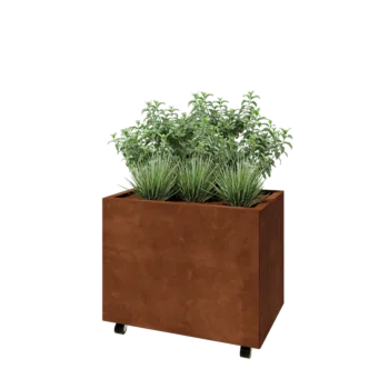 Jardinera de acero corten - Rectángulo - 80 x 50 x 60 cm - Con placa inferior - Con ruedas