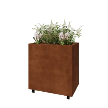 Jardinera de acero corten - Rectángulo - 80 x 50 x 80 cm - Con placa inferior - Con ruedas