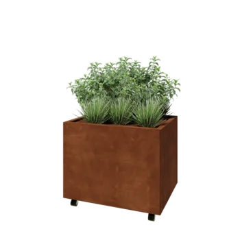 Jardinera de acero corten - Rectángulo - 80 x 60 x 60 cm - Con placa inferior - Con ruedas